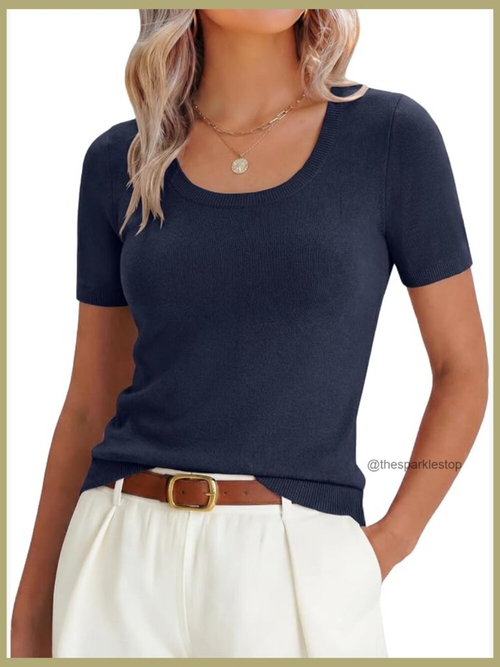Wool Blend Short Sleeve Sweater Scoop Neck Casual Business Knit Tops